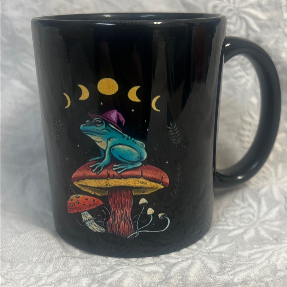 Fairycore Black Ceramic Coffee/Tea Mug with Frog Witch and Mushroom and Moon - Picture 2 of 5